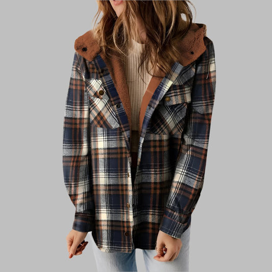 Woman modeling Plaid Hooded Casual Outerwear with brown fleece lining worn over cream knit top and light blue jeans