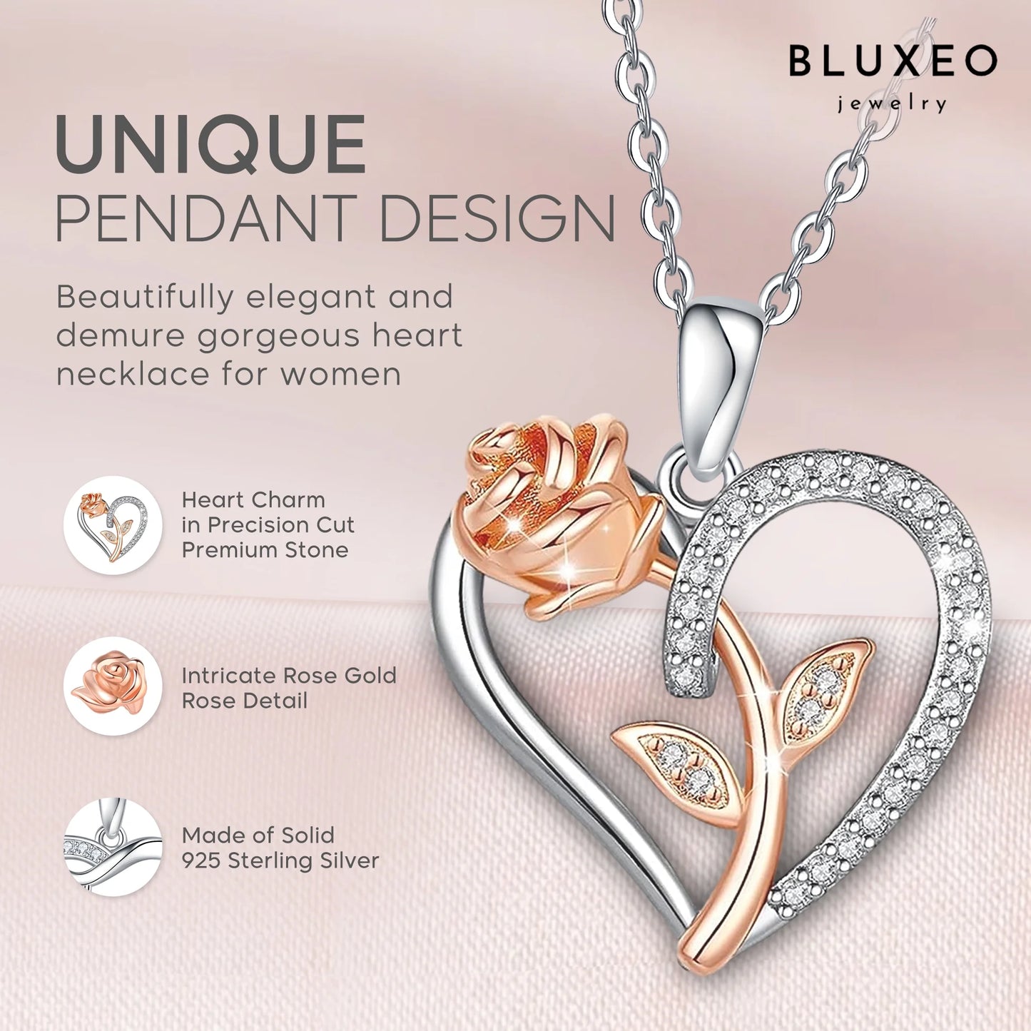 Sterling Silver Necklace for Women Mom Gift for Wife from Husband Valentines Day Girlfriend Rose Heart Necklace for Girlfriend Birthday Gifts Mother Daughter Pendant