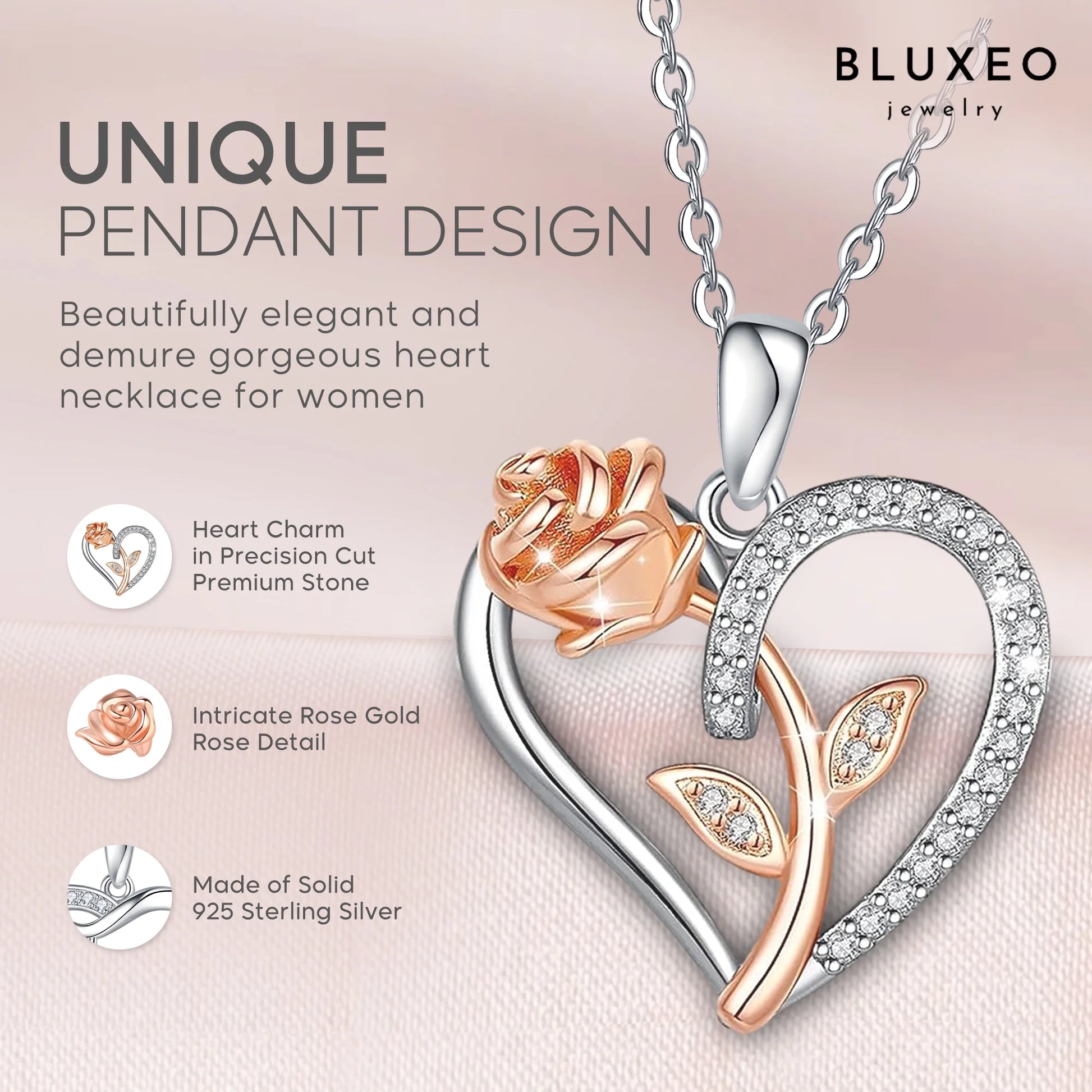 Sterling Silver Necklace for Women Mom Gift for Wife from Husband Valentines Day Girlfriend Rose Heart Necklace for Girlfriend Birthday Gifts Mother Daughter Pendant