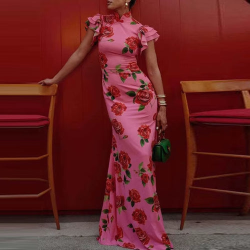 Breezy Elegance: Summer Ruffled Short Sleeved Slim Long Dress