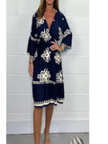 Spring Summer 3/4 Sleeve Party Midi Dresses Fashion Women V Neck Waist Tuck Printed Dress Elegant Female Casual Dress Vestidos