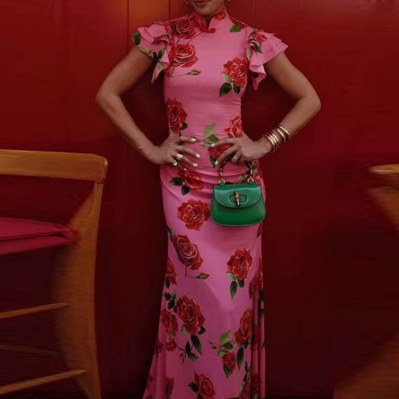 Breezy Elegance: Summer Ruffled Short Sleeved Slim Long Dress