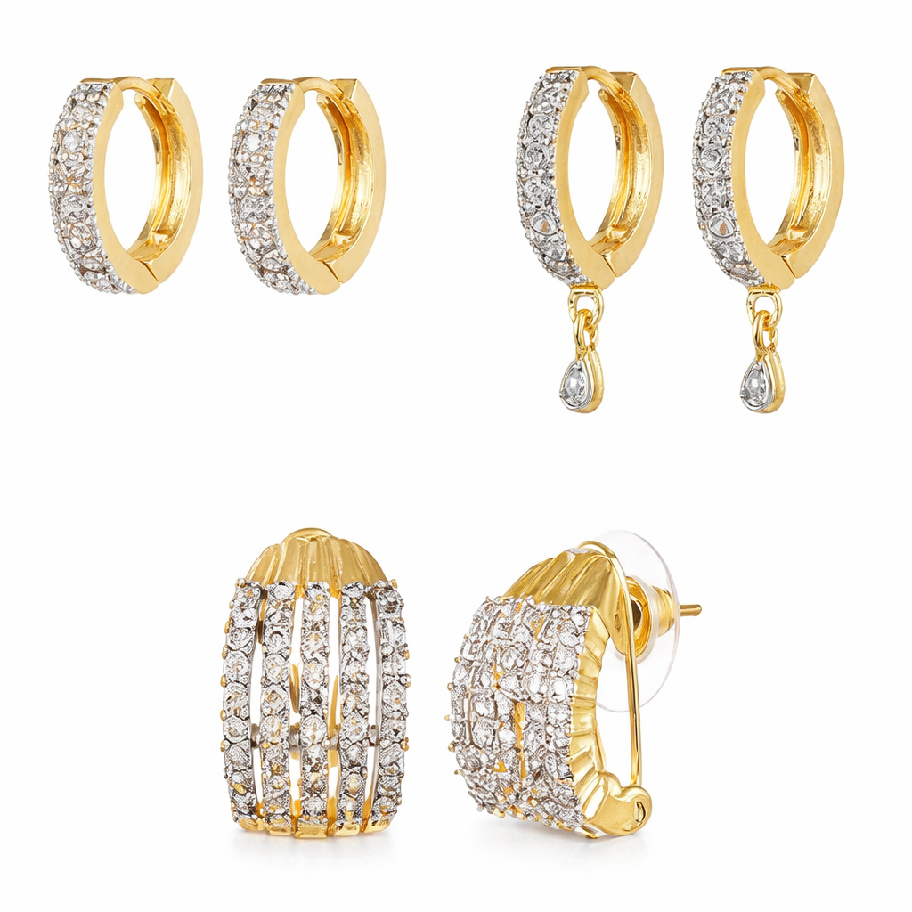 3-Pair Gold & Diamond Huggie Earring Set featuring sparkling stones in varied elegant designs for women’s jewelry collection