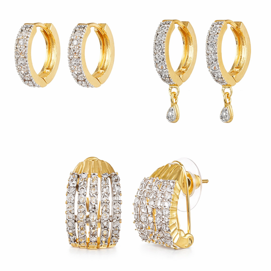 3-Pair Gold & Diamond Huggie Earring Set featuring sparkling stones in varied elegant designs for women’s jewelry collection