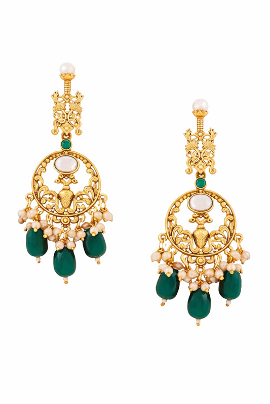 Antique Gold Green Stone Pearl Drop Earrings